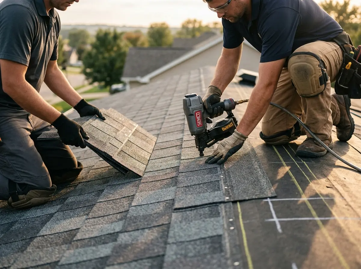 Professional roofer working on a residential roof in Rosemount